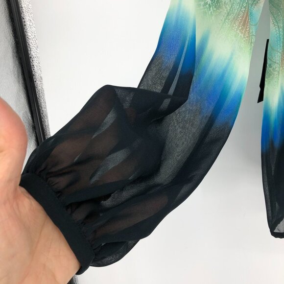 NWT Marciano paisley patterned green blue ombre long sleeve button neck top S - Picture 10 of 16